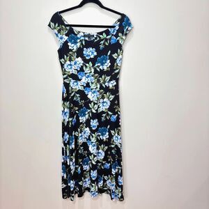 Banana Republic Black Blue Floral Dress S Tall Knit Jersey Boat Neck Whimsigoth